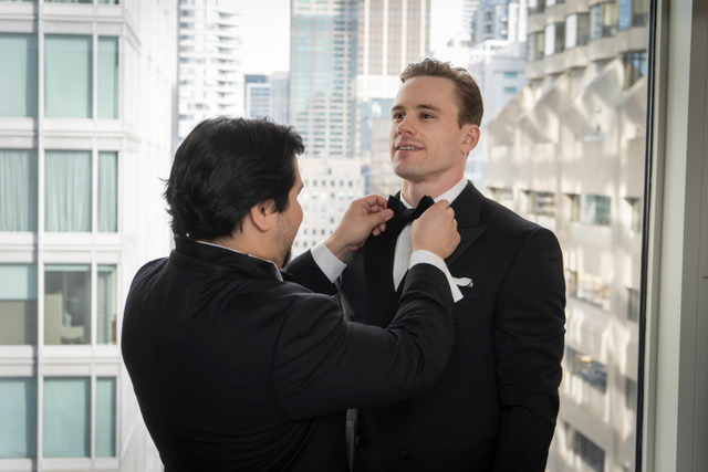 Groomsmen getting ready with the Toronto skyline